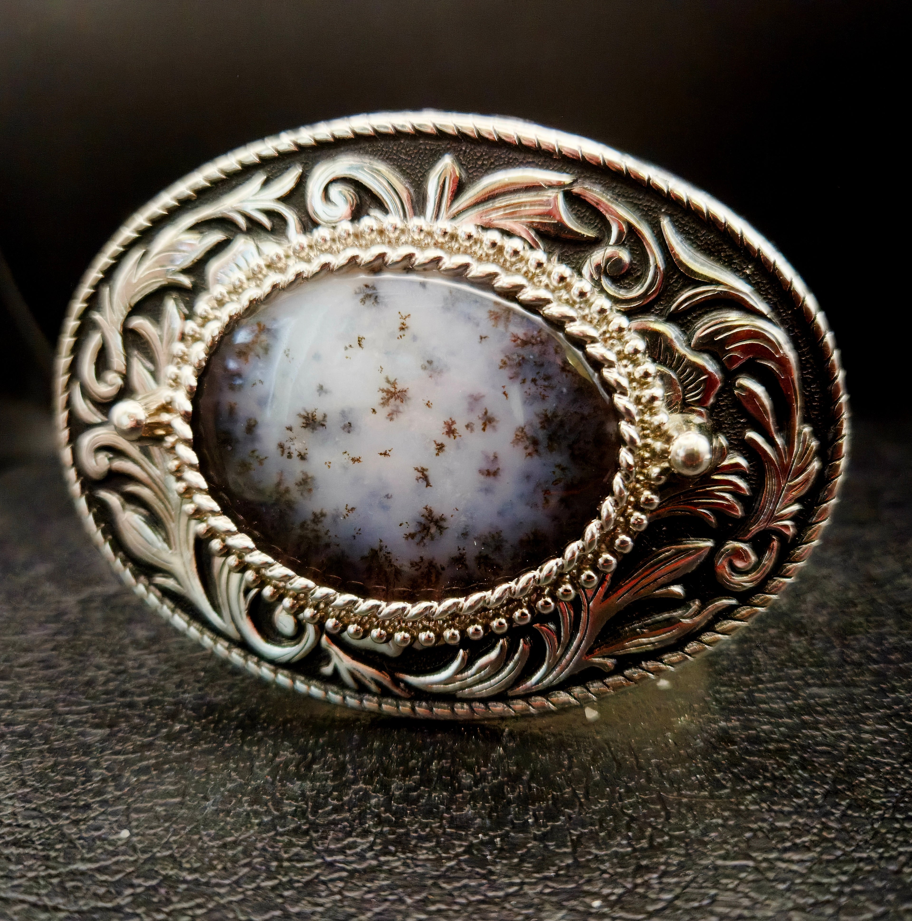 Vintage Natural Dendritic Agate Statement Belt Buckle in Stainless Steel