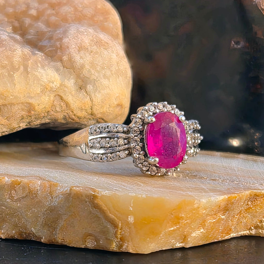 Mozambique Ruby Halo Accent Ring in 925 Sterling Silver